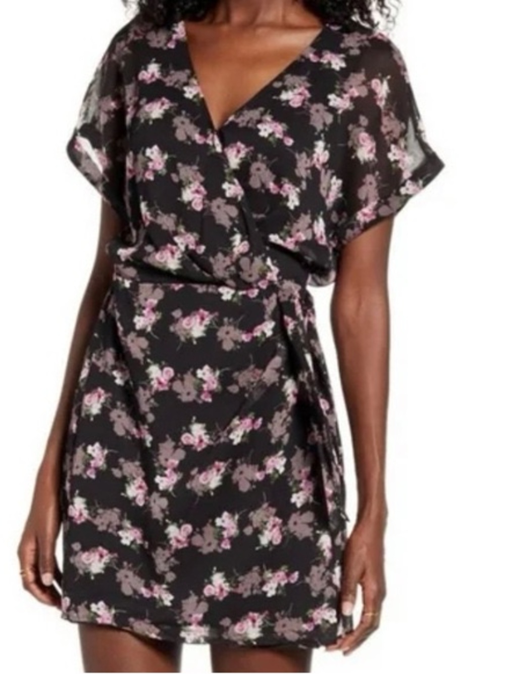 All That Jazz Black Floral Wrap Mini Dress with Pink Florals Size X-Small